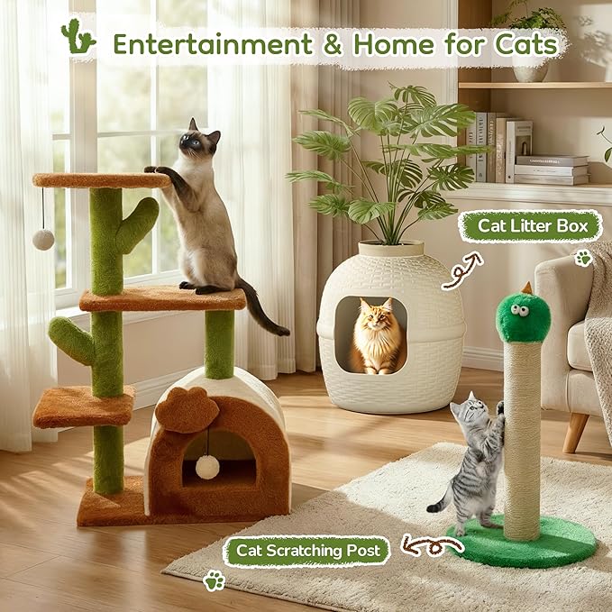 Cactus Cat Tree for Indoor Cats with Cozy Condo Wide Top Perch Multi-Level Climbing and Lounging Space 27.5inch Plush, Brown