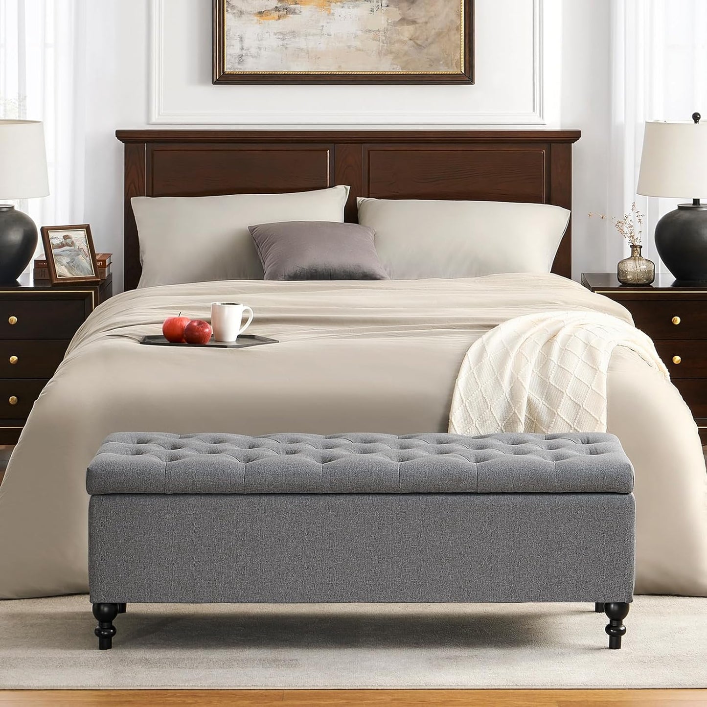 Ottoman with Storage,50.2-inch Upholstered End of Bed Storage Bench for Bedroom,for The Living Room,for Entryway, with Button and Safety Hinges,Detachable (Grey)