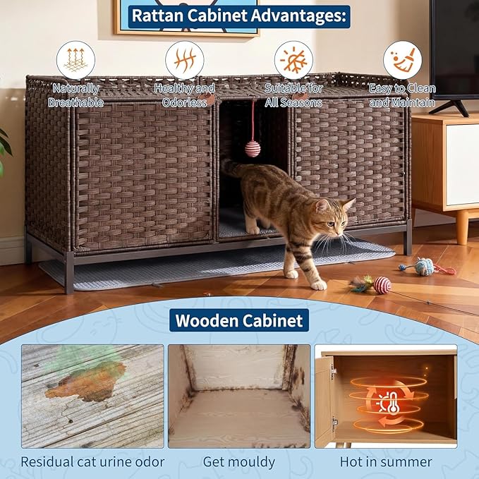 Garvee Cat Litter Box Enclosure Furniture, Handwoven Rattan Cat Houses, Hidden Cat Washroom Furniture with Door/Mat, Large Space Cat Houses with s-Shaped Hooks, Living Room, Bedroom, Brown