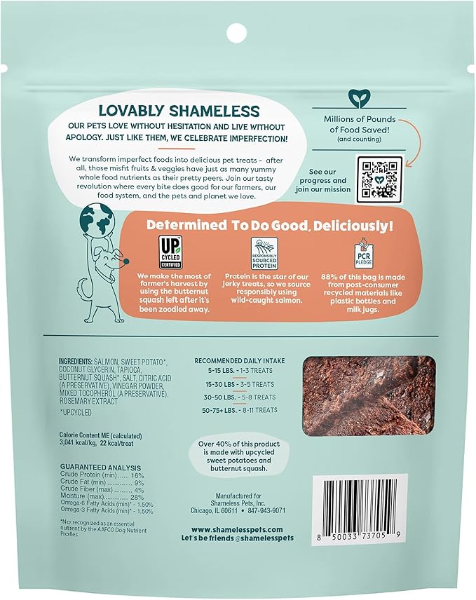 Shameless Pets Jerky Bites Treats, Salmon Loves Butternut- Healthy Dog Chews for Skin & Coat Support with Omega 3 and 6- Dog Treats with Real Wild-Caught Salmon- Free from Grain, Corn & Soy - 14 oz