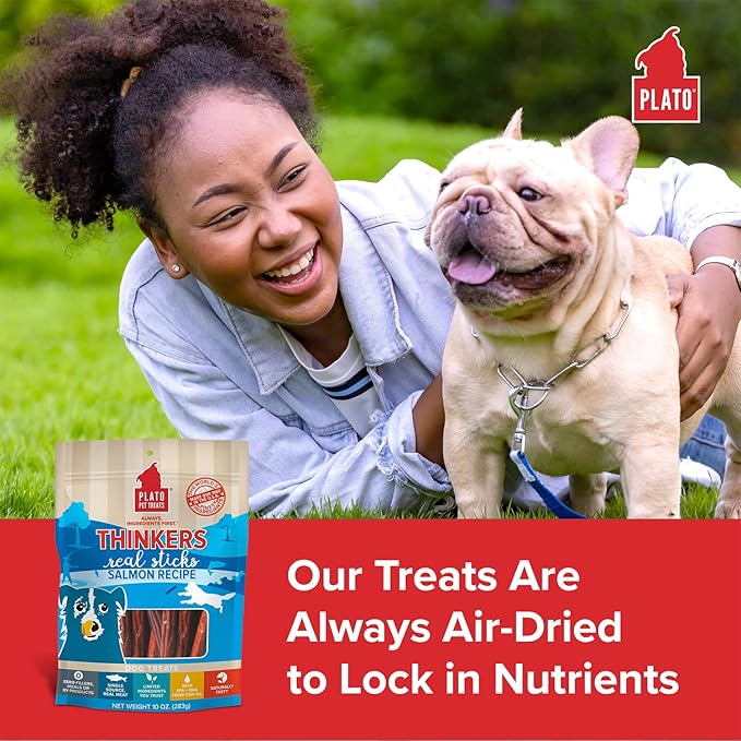 Plato Pet Treats Thinkers - Meat Stick Treats for Dogs - Limited Ingredient with EPA and DHA to Support Skin, Coat, and Brain - Air-Dried - Thinkers Salmon 10oz - 2 Pack