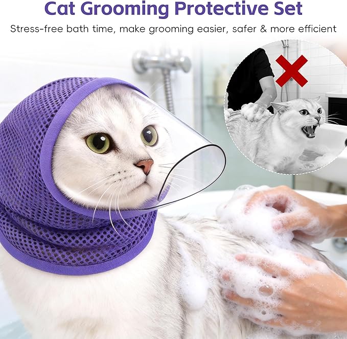 Adjustable Cat Muzzle for Grooming & Biting Prevention, Upgrade Kitten Head Cover,Breathable Anti-Bite Cat Mask with 4 Anti-Scratch Gloves Boots Silicone Shoes for Nail Trim Bath Vet Visit (Purple, M)