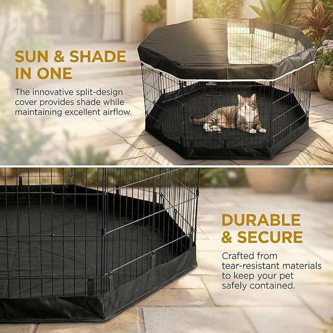 PJYuCien Dog Playpen with Top Cover and Bottom Pad - Metal Foldable Exercise Pen, 8 Panels 36" H x 24" W Indoor Outdoor Pet Fence Puppy Crate Kennel, Black