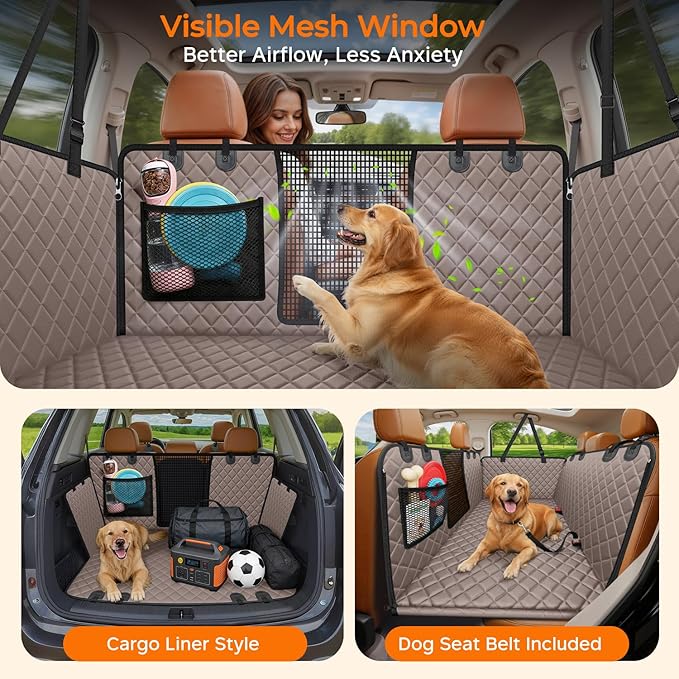 URPOWER Backseat Extender for Dogs - Hard Bottom Dog Car Seat Cover for Back Seat, Dog Hammock for Car and SUV, Pet Rear Seat Protector Dogs Travel Bed with Mesh Window & Side Flaps