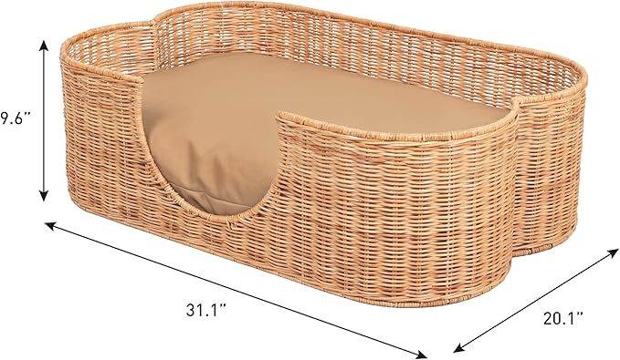 DBD1003B Scallop Handwoven Water Hyacinth Pet Bed with Machine Washable Cushion, 31" x 20" Wicker Cat and Dog Bed for Medium to Large Pets, Boho Tropical Style Basket, Light Brown