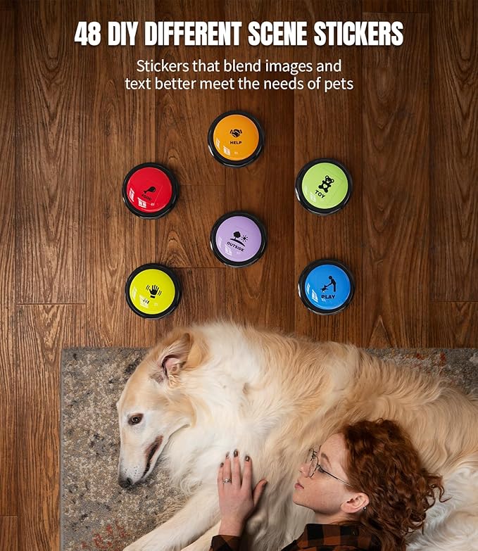 Acools 6 Pcs Dog Buttons for Communication Pet Training Buzzer, 30 Second Voice Recording Button, Dog Talking Button Set with 6 Color Anti-Slip Mat and 48 Scene Stickers