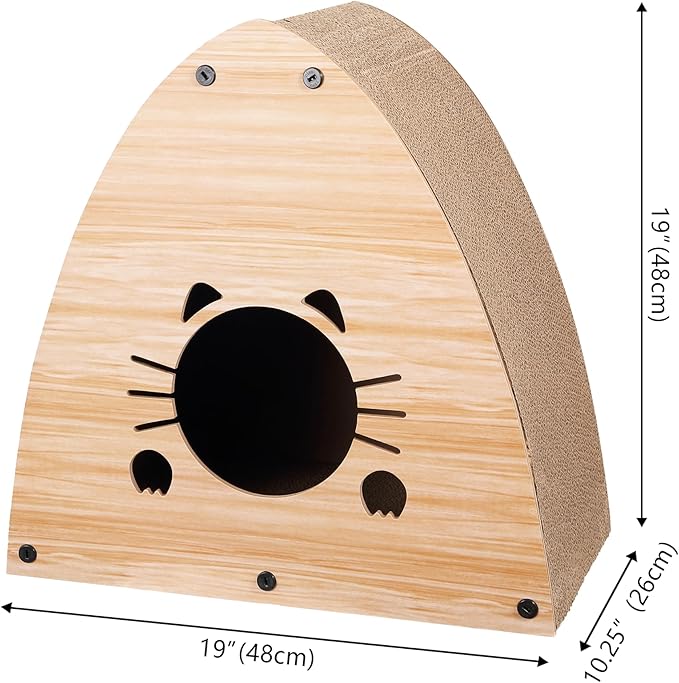 CSR1006H Koko 19" Modern Cardboard Triangle Cat Cave Scratcher with Catnip, Brown Wood Pattern, 2-in-1 Corrugated Cat House Hideaway & Scratching Board for Cats, Space-Saving