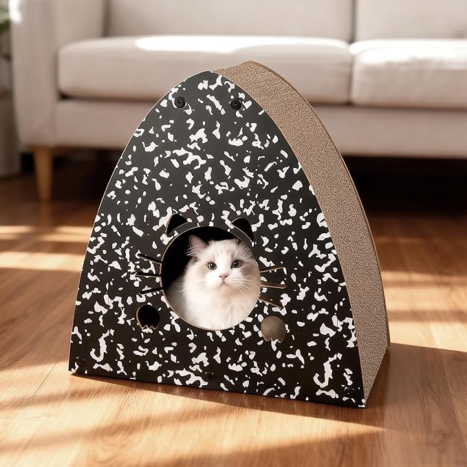 CSR1006B Koko 19" Modern Cardboard Triangle Cat Cave Scratcher with Catnip, 2-in-1 Corrugated Cat House Hideaway & Scratching Board for Cats, Durable Furniture Protector, Space-Saving