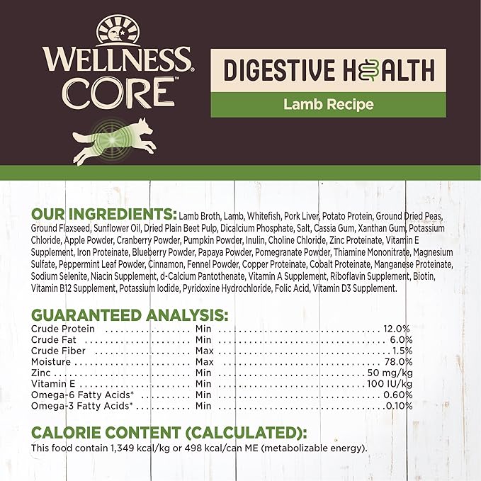 Wellness CORE Digestive Health Pate Adult Canned Wet Dog Food, Grain Free, Sensitive Stomach, Natural, Lamb Recipe, 13 oz, Pack of 12 Cans