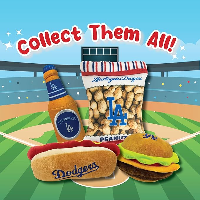 MLB Los Angeles Dodgers Plush Dog Toys - Stadium Theme Snacks - Cutest Plush HOT-Dog Toy for Dogs & Cats with Inner Squeaker & Premium Embroidery of Baseball Team Name/Logo
