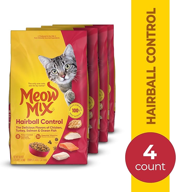 Meow Mix Hairball Control Dry Cat Food, 3.15 Pound Bag (Case of 4)