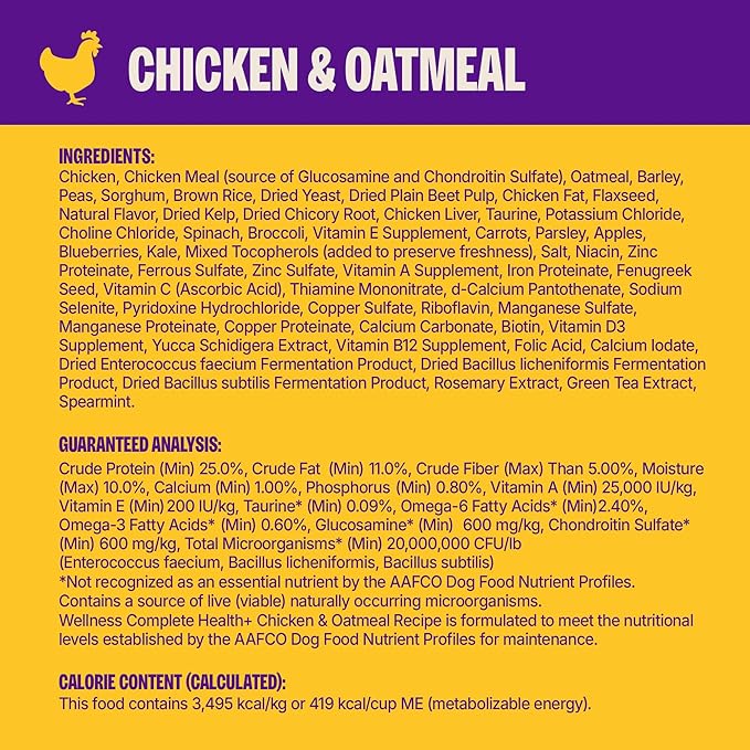 Wellness Complete Health+ Adult Dry Dog Food with Freeze Dried Wellbites, Wholesome Grain Kibble+, Natural, Chicken and Oatmeal Recipe, 4 lb Bag