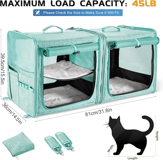 Large Cat Carrier for 2 Cats with Zipper Locks, Double Cat Carrier with Travel Litter Box, Soft Pet Travel Carrier for Cats and Small Dogs Up to 45 Lbs, Green