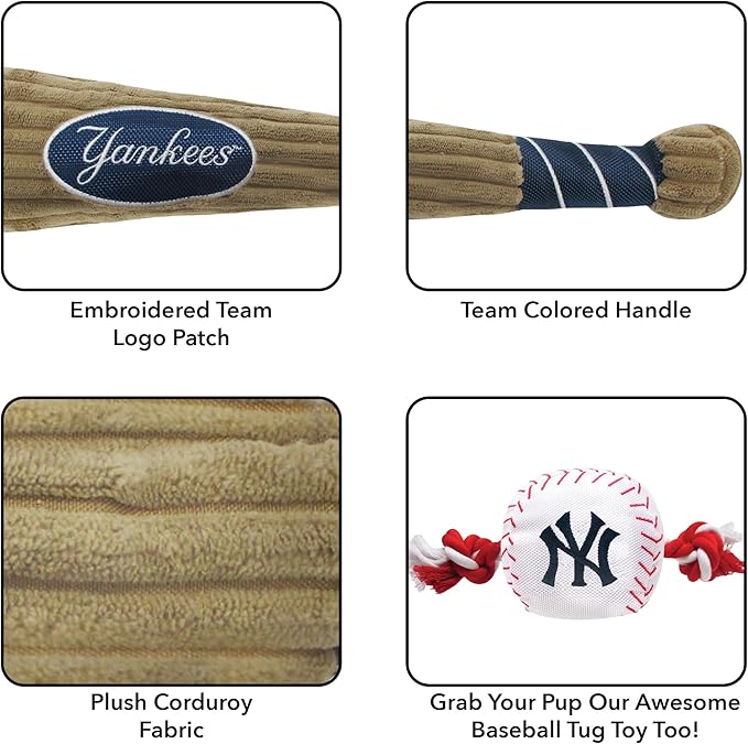 MLB New York Yankees Baseball Bat Toy for DOGS & CATS. Soft Corduroy Plush Dog Toy with Inner SQUEAKER, MLB Chew Toys for Dogs or Cats. Durable Fun Interactive Dog Toy with Team Names and Logo