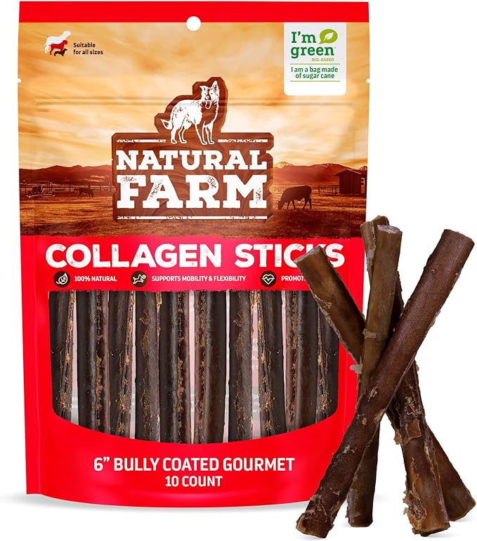 Natural Farm Odor-Free Bully Coated Gourmet Collagen Sticks (6 Inch, 10 Pack), Real Bully Beef Coated, 95% Natural Collagen, Supports Healthy Joints, Skin & Coat - Best for Small & Medium Dogs