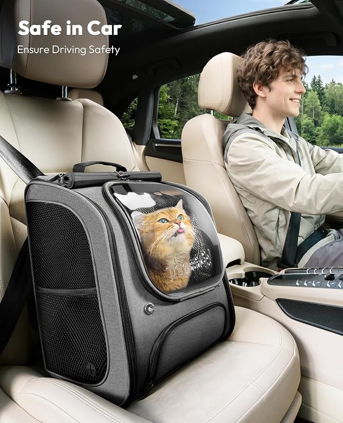 Pecute Cat Backpack Carrier, Large Space Cat Bubble Backpack, Breathable Cat Carrier, Shaded Dog Backpack Carrier, Ergonomic 3D Design for Travel, Hiking, Walk, Suitable for Shopping, Car, Vet, Gray