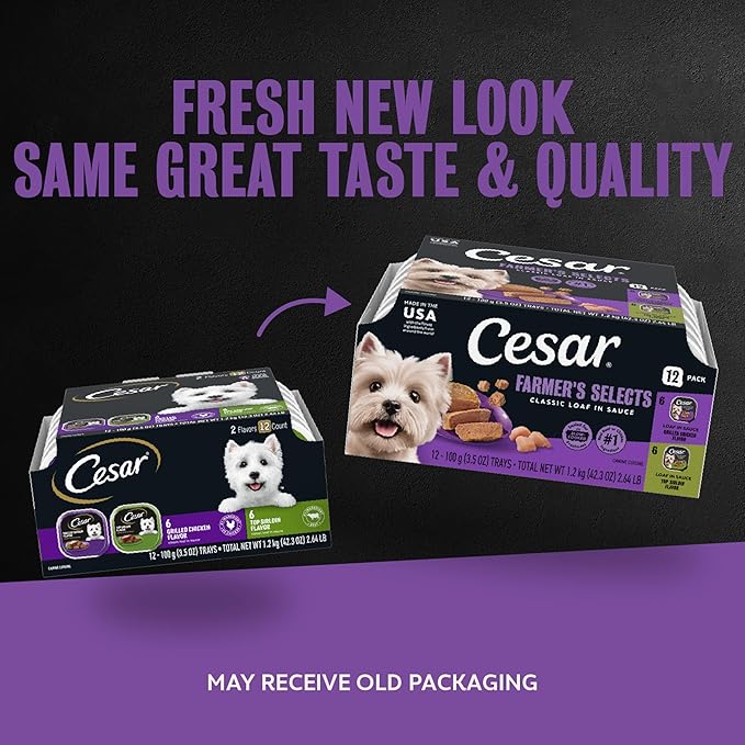 Cesar Classic Loaf in Sauce Adult Wet Dog Food, Grilled Chicken Flavor and Top Sirloin Flavor, 3.5 oz. Easy Peel Trays, Variety Pack (12 Count, Pack of 2)