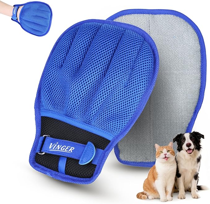 VINGER Pet Hair Removal Glove for Cats & Dogs, Electrostatic Pet Hair Gloves with Adjustable Wristband, Five-Finger Magic Brush Remover Tool for Laundry, Carpet, Couch, Car Seats & Clothing (Blue)