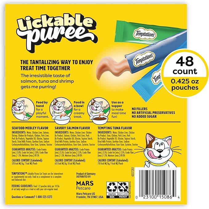Temptations Creamy Puree Squeezable Lickable Cat Treats, Wet Cat Treats with Tuna, Salmon, and Seafood Medley Variety Pack, 0.42 oz. Tubes, 48 Count