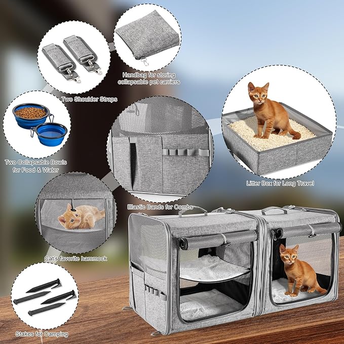Large Cat Carrier for 2 Cats with Zipper Locks, Double Cat Carrier with Travel Litter Box, Soft Pet Travel Carrier for Cats and Small Dogs Up to 45 Lbs, Gray