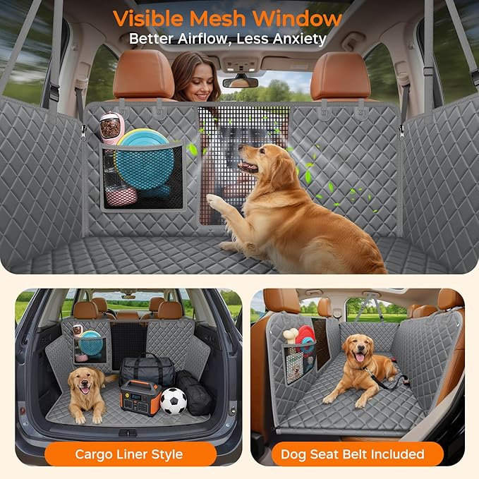 URPOWER Backseat Extender for Dogs - Hard Bottom Dog Car Seat Cover for Back Seat, Dog Hammock for Car and SUV, Pet Rear Seat Protector Dogs Travel Bed with Mesh Window & Side Flaps