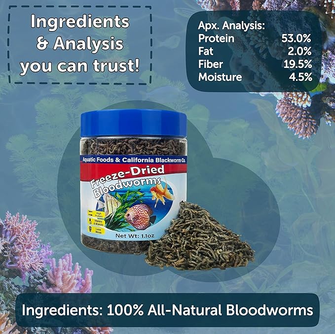 Bloodworms, Grade A Freeze Dried Floating Bloodworms for Cichlids, Discus, Goldfish, Bettas, Angel Fish, Marine Fish, 12-Type Pellet Mix & 4-Type Wafer Mix Included..2.35oz Canister