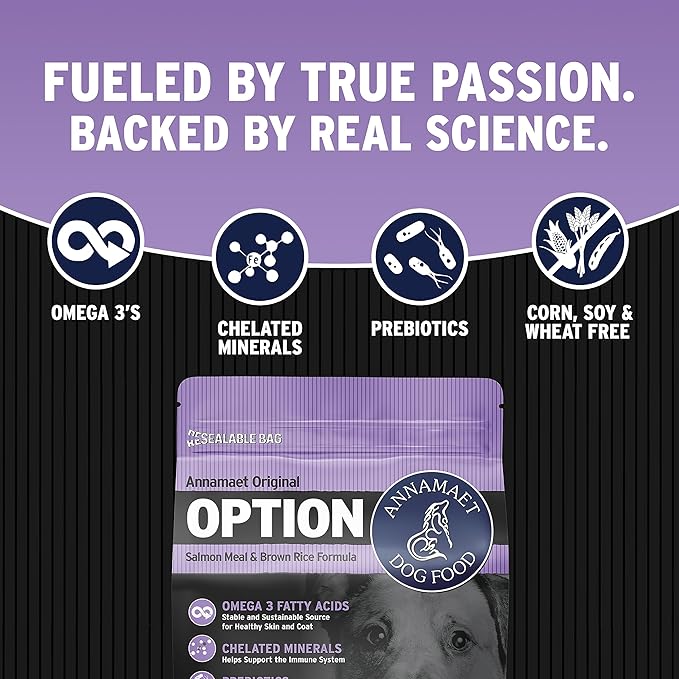Annamaet Original Option Formula Dry Dog Food, 24% Protein (Salmon & Brown Rice), 25-lb Bag