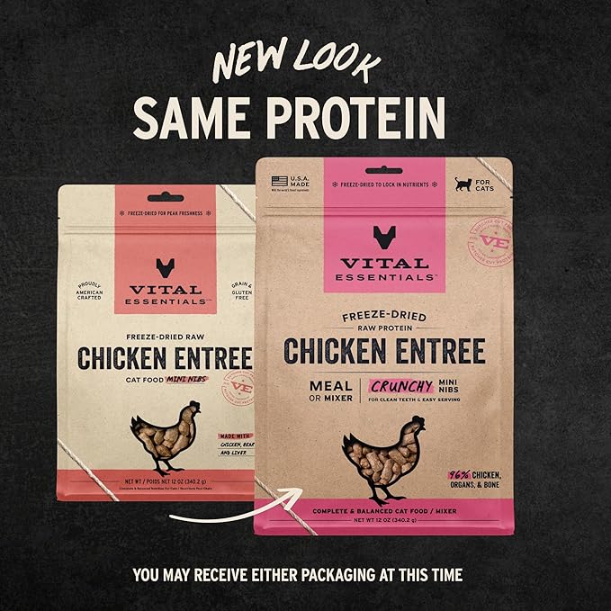 Vital Essentials Freeze Dried Cat Food, Raw Chicken Crunchy Nibs Complete Meal or Mixer High Protein, Low Carb, Grain Free, Dry Cat Food 12 oz , (Pack of 2)