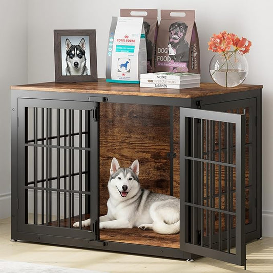 41" Heavy Duty Dog Crate Furniture, Wooden Dog Cage Kennel for Medium and Large Dogs, Dog Kennel Indoor with Side Door, Decorative Pet House End Table, Brown