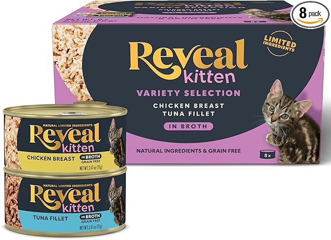 Reveal Natural Wet Kitten Food, Limited and Natural Ingredients, Grain Free, High Protein with No Artificial Additives, Chicken & Tuna Variety in Broth (8 x 2.47 oz Cans)