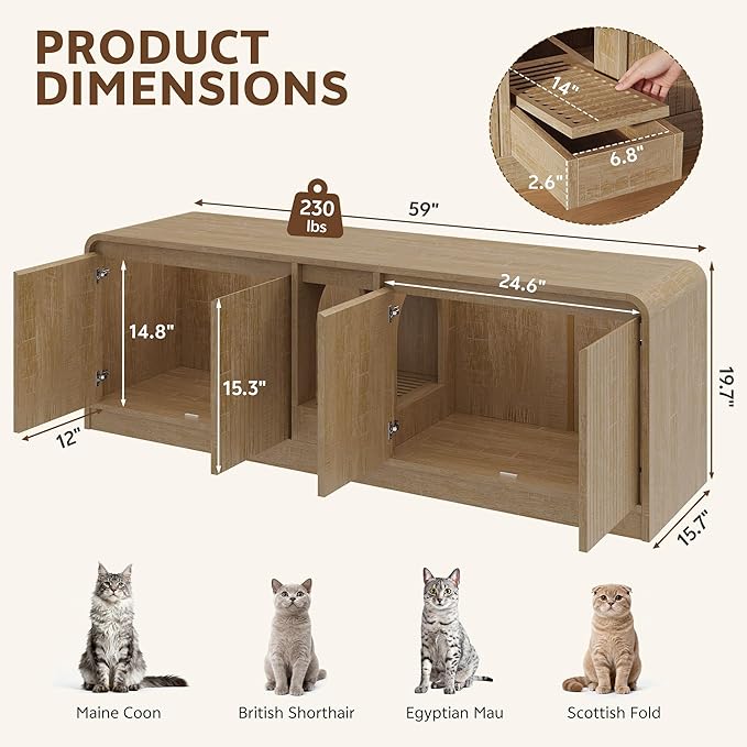 Cat Litter Box Enclosure with Litter Collector, 59'' Double Litter Box Enclosure for 2 Cats, Hidden Litter Box Furniture for Indoor Cats Large Adult, Cat House, Side Table, TV Stand, Natural