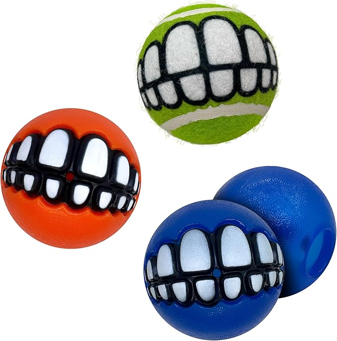 KONG Grinz by Rogz Variety Packs - Durable Bouncy Balls with Grinz Teeth - Smiley Face Dog Toy (Medium (6 Pack))
