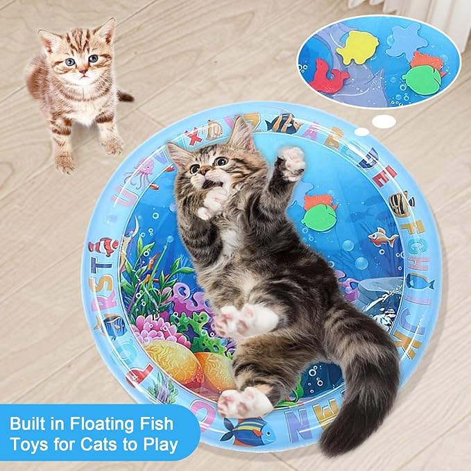 Cat Water Mat, Pet Water Bed with Fish, Thickened Sensory Play Mat for Cats, Leak-Proof Inflatable Cooling Playmat, Washable Pool Toy for Indoor Outdoor Exercise(Dolphin)