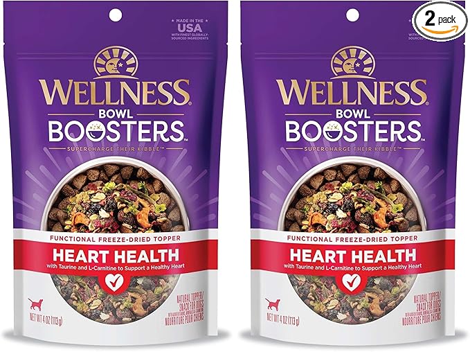 Wellness Bowl Boosters Heart Health Dog Food Topper with Freeze Dried Pieces for Small, Medium, and Large Breeds, Grain Free, Natural, Chicken Recipe, 4 oz Bag (Pack of 2)