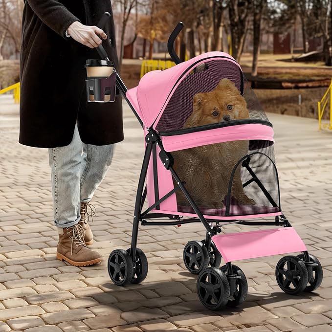 Magshion Compact Pet Stroller for Small-Medium Dogs/Cats up to 22lbs, 4-Wheel Lightweight Umbrella Shaped Portable Puppy Travel Jogger with Breathable Mesh, Cup Holder & Rear Storage, Pink