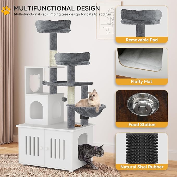 YITAHOME Cat Tree with Litter Box Enclosure, 2-in-1 Cat Furniture, Modern Cat Condo, Indoor Cat Tower with Wood House, Perch, Food Station, Hammocks, Scratch Post, Hair Brush, 59 Inch, White
