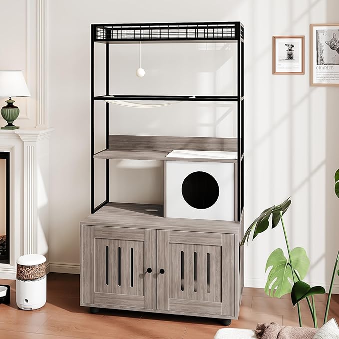 Garvee Cat Litter Box Enclosures with Storage Rack, Enclosed Litter Box Furniture, Hammock, Sisal Balls and Cat Scratching Mat