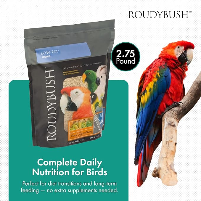 RoudyBush Low Fat Food for Adult Birds & Chicks - Scientifically Formulated Bird Feed, Bird Food Pellets w/Corn, Wheat, Soy & More - Nutritious & Healthy Feed for Birds (Crumble, 44oz)