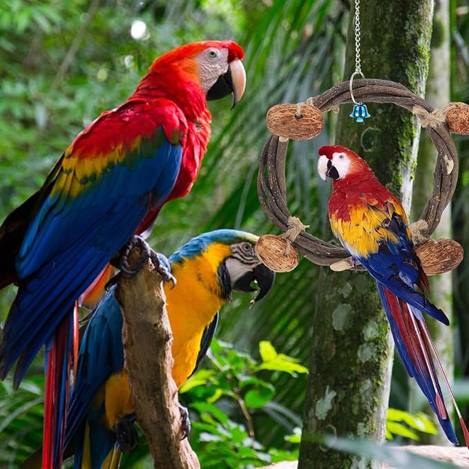 Beaupretty Parrot Hanging Hammock Ring Bell, 20cm Rattan Climbing Swing Bed for Parakeet Birdcage, Includes 4 Nut Accessories for Bird Training and Play