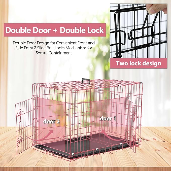 Dog Crate, 24/30/36/42/48 Inch Dog Crates for Small Medium Large Dogs Indoor, Folding Metal Dog Kennel Dog Cage with Double-Door, Divider Panel, Removable Tray, Locks and Handle, (30 Inch, Pink)