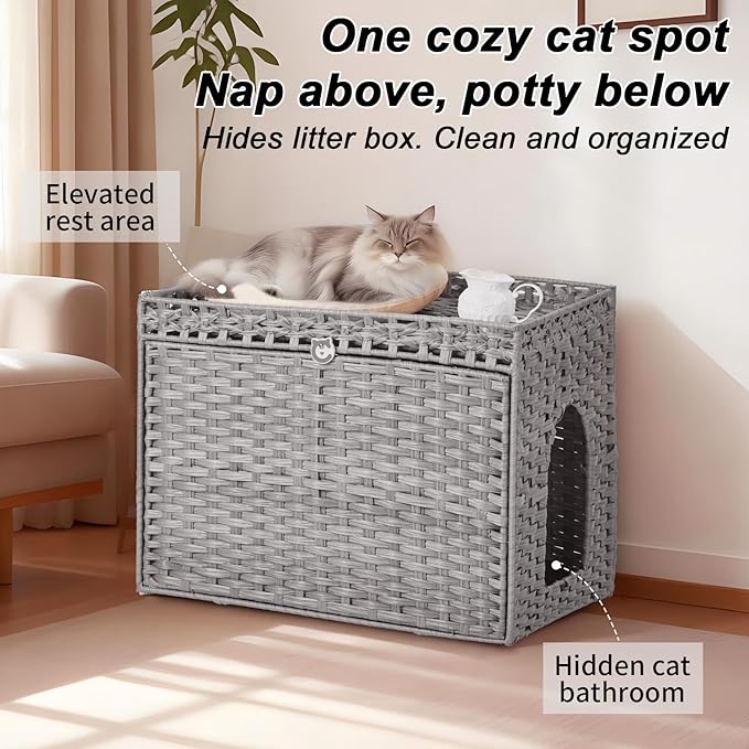 PeakPursuit Rattan Litter Box Enclosure Hidden Cat Furniture with Removable Litter Mat, Natural Cat House End Table, Easy Assembly, 27.5" l x 20.5" w x 22" h Grey