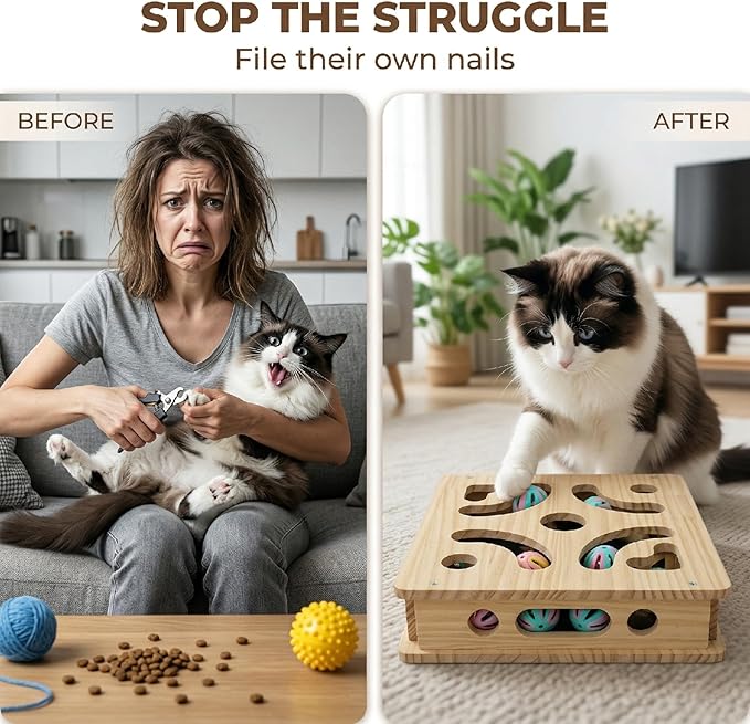 EIODEAR Cat Nail File Scratcher with 3 Sandpaper Pads, 4 Bell Balls, 8 Screw, Solid Wood Cat Scratch Puzzle Enrichment Box Nail Filer Box Toy to File Nails, Cat Treat Box for Treat-Motivated Cats