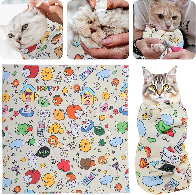 Cat Wrap, Soft and Comfortable Cat Wrap for Cutting Nails, Multifunctional Grooming Wrap for Stress-Free Nail Trimming, Yellow S-17.7inch (Within 5lbs)