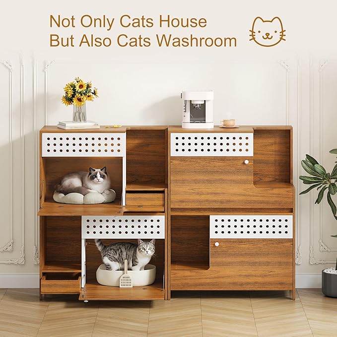 GDFStudio 44" Modern Cat Litter Box Enclosure Furniture, 2 in 1 Cat Furniture Set with Storage Shelf and Flip Door, Wooden Indoor Cat House, Space Saving Pet Furniture, Brown