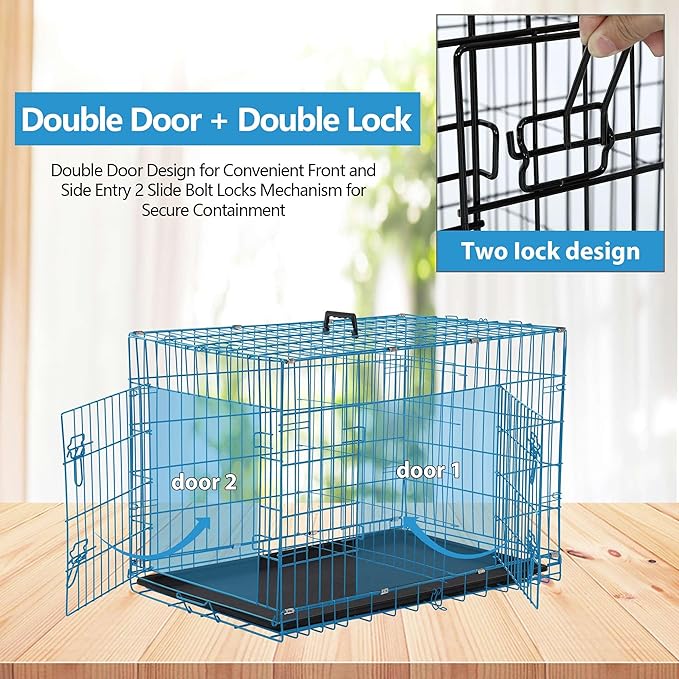 Dog Crate, 24/30/36/42/48 Inch Dog Crates for Small Medium Large Dogs Indoor, Folding Metal Dog Kennel Dog Cage with Double-Door, Divider Panel, Removable Tray, Locks and Handle, (36 Inch, Blue)
