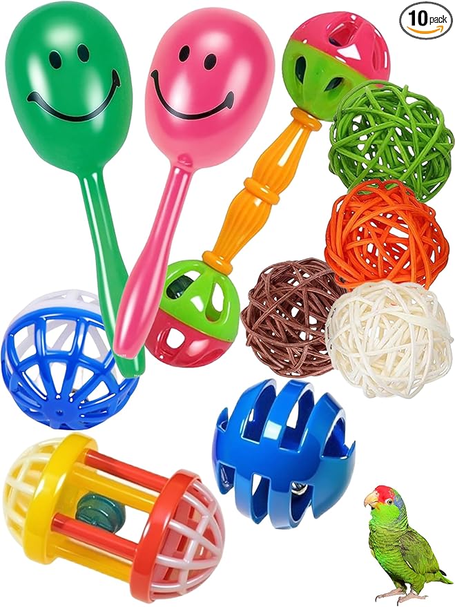 10-Pack Bird Toys for Parrots – Natural Rattan & Plastic Bell Balls – Safe, Fun Cage Decor & Foot Exercise (1.5'' - 5.5'')