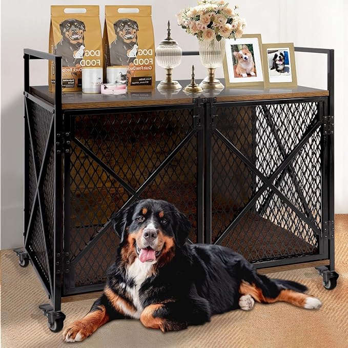 41" Dog Crate Indoor Furniture-Style for Large & Medium Dogs, Heavy Duty Wooden Indoor Dog Cage with 4 Lockable Wheels &Cushion for Living Room, Bedroom, House, Rustic Brown