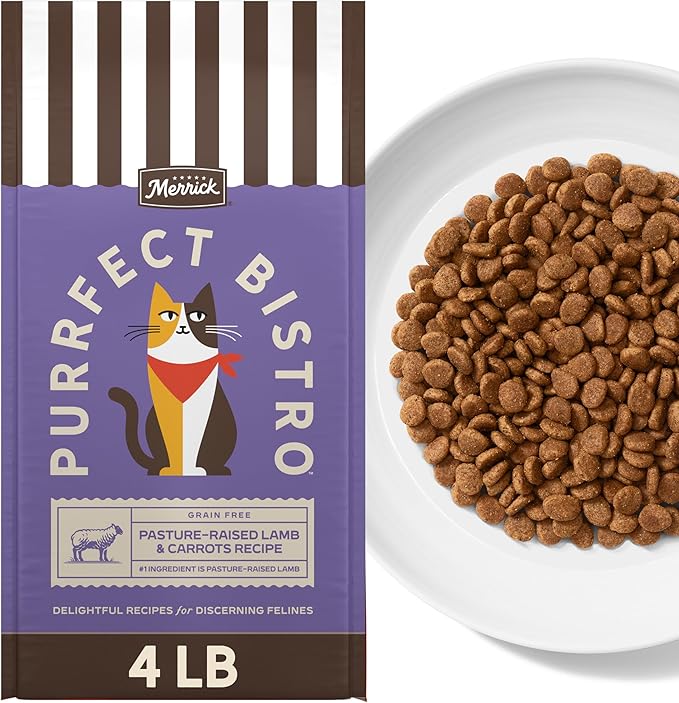 Merrick Purrfect Bistro Grain Free Pasture-Raised Lamb and Carrots Recipe Natural Dry Cat Food for Adult Cats, High Protein, Outdoor or Indoor Cat Food - 4 lb. Bag