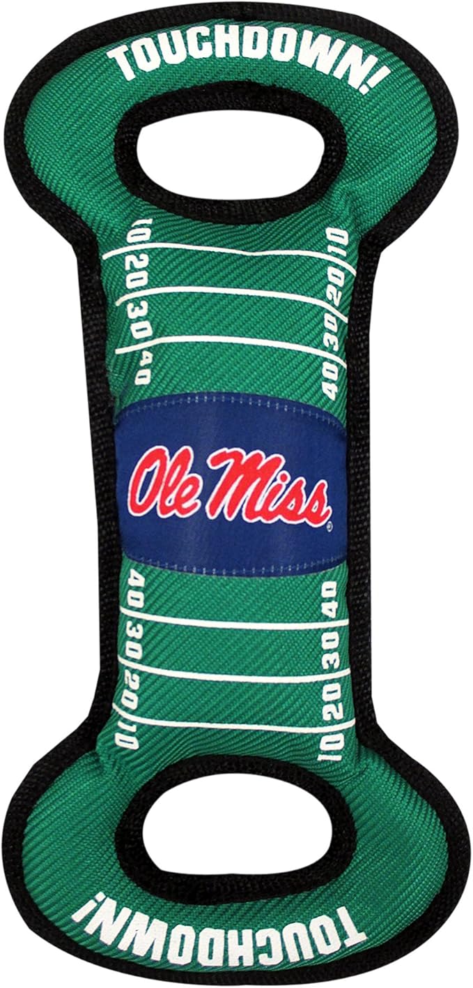NCAA Football Field Dog Toy with Squeaker. - OLE Miss Rebels - for Tug, Toss, and Fetch. - Tough& Durable PET Toy