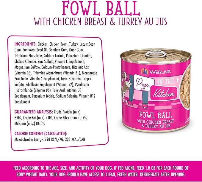 Weruva Dogs in the Kitchen, Fowl Ball with Chicken Breast & Turkey Au Jus Dog Food, 10oz Can (Pack of 12)